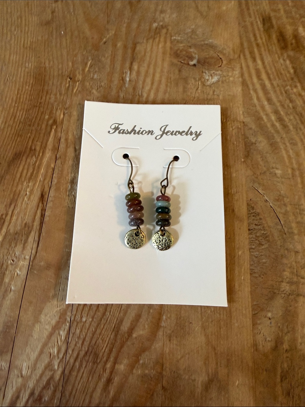 Beaded Earth-Tone Dangle Earrings with Gold Discs